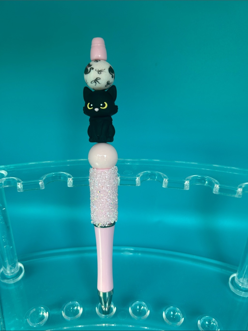 Cute Black Cat Bead Pen with Pink Accents - Unbranded